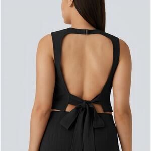 Sz Med HALARA Black Linen-Texture Open Back Tie Sleeveless Round-Neck Blouse